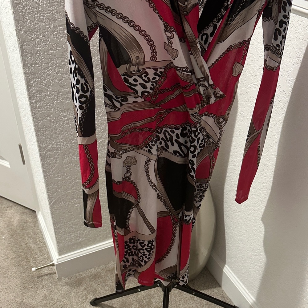 S.L. Fashions Red Chain & Leopard Print Long Sleeve Wrap Dress - Picture 7 of 8